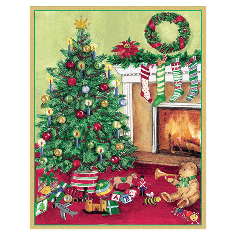 Red Ribbon Tree Front Imprint Christmas Cards