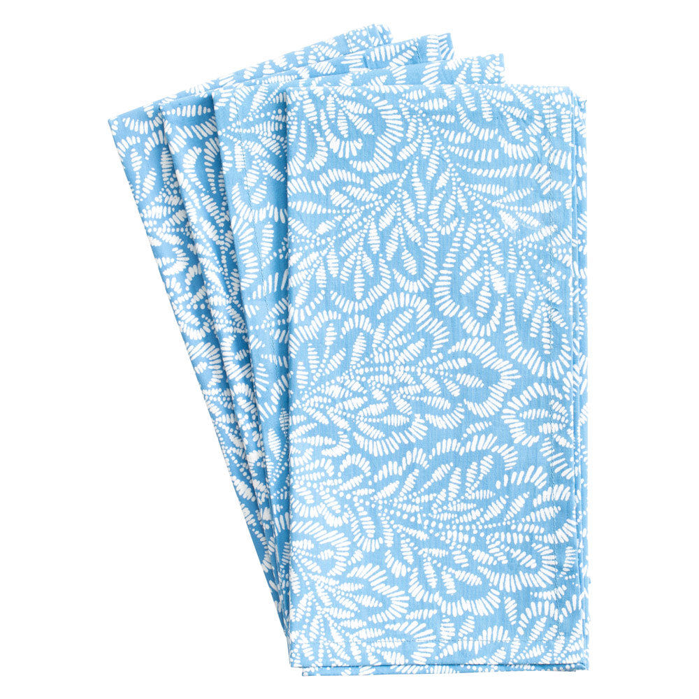 Cotton Dinner Table Napkins | Blue Leaf Print Hand Block Print on White | Set of 6, Hand Block Printed | Fair Trade | 20 x 20 | Saffron Marigold