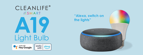 CLEANLIFE Smart A19 LED Light Bulb shown with an Amazon Alexa