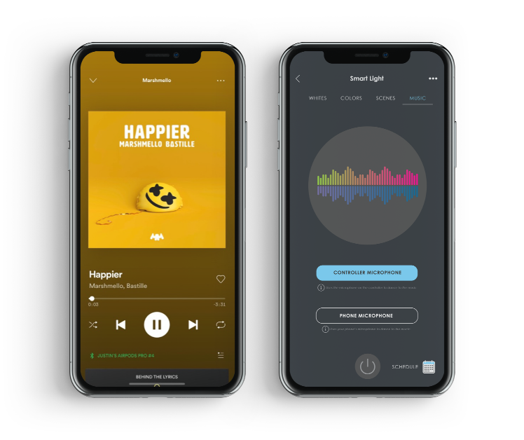 Iphones showing music and the smart light app