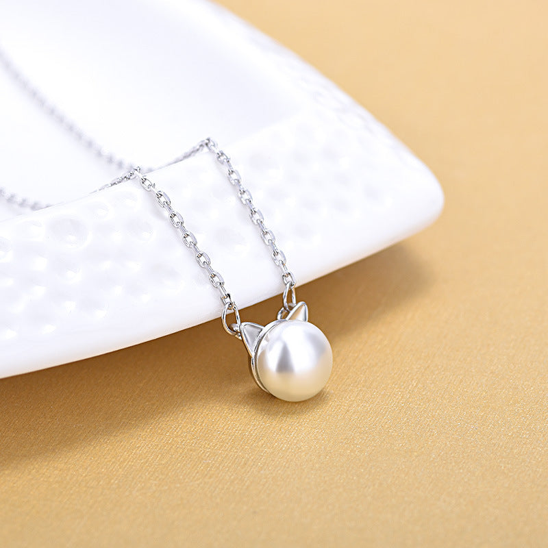 sweet-and-lovely-pearl-cat-ears-plated-platinum-short-necklace-temperament-kitten-clavicle-chain