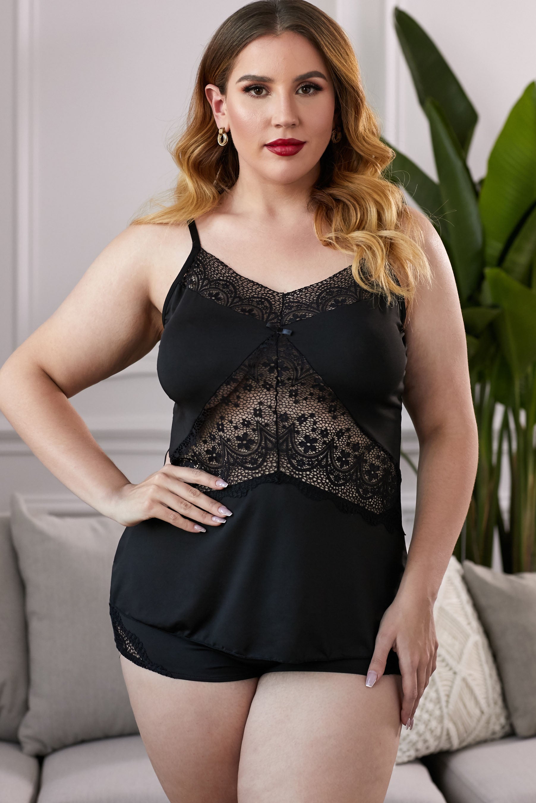 lace-insert-plus-size-pajamas-set