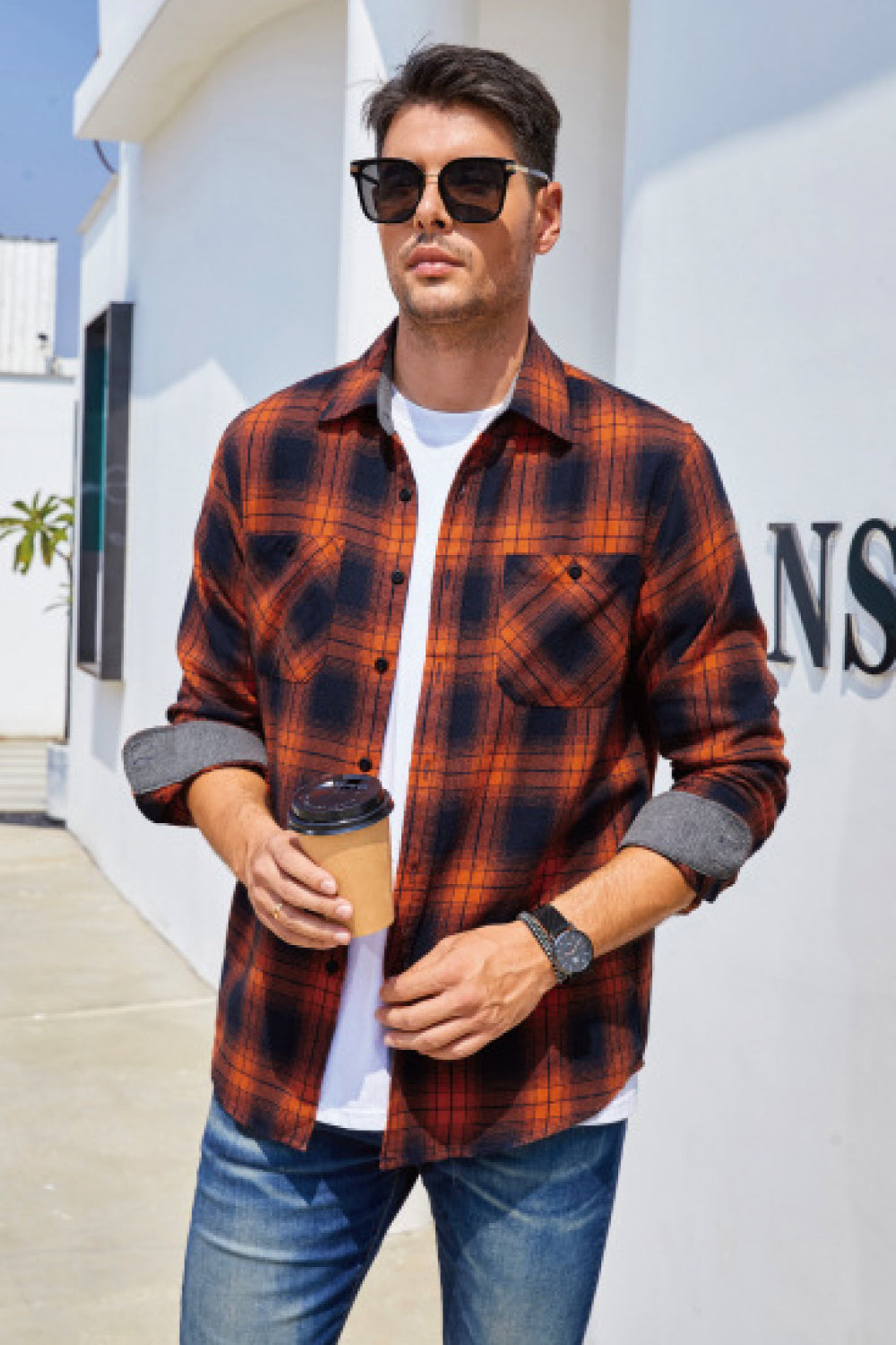 plaid-button-front-curved-hem-shirt