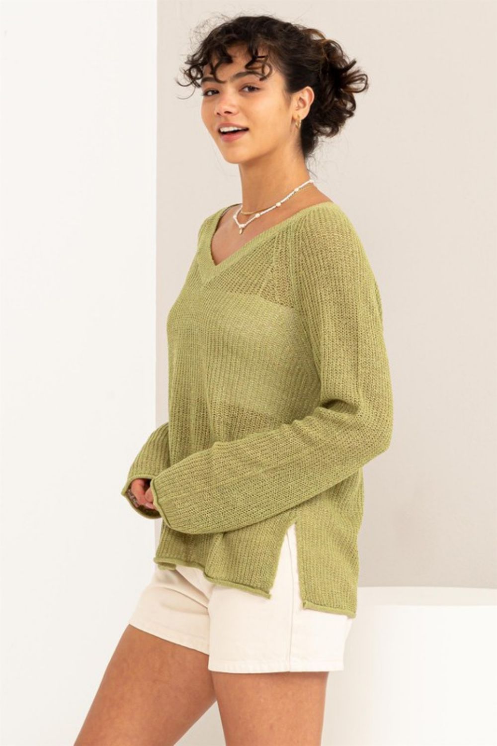 hyfve-slit-rolled-hem-v-neck-knit-sweater-in-pale-olive
