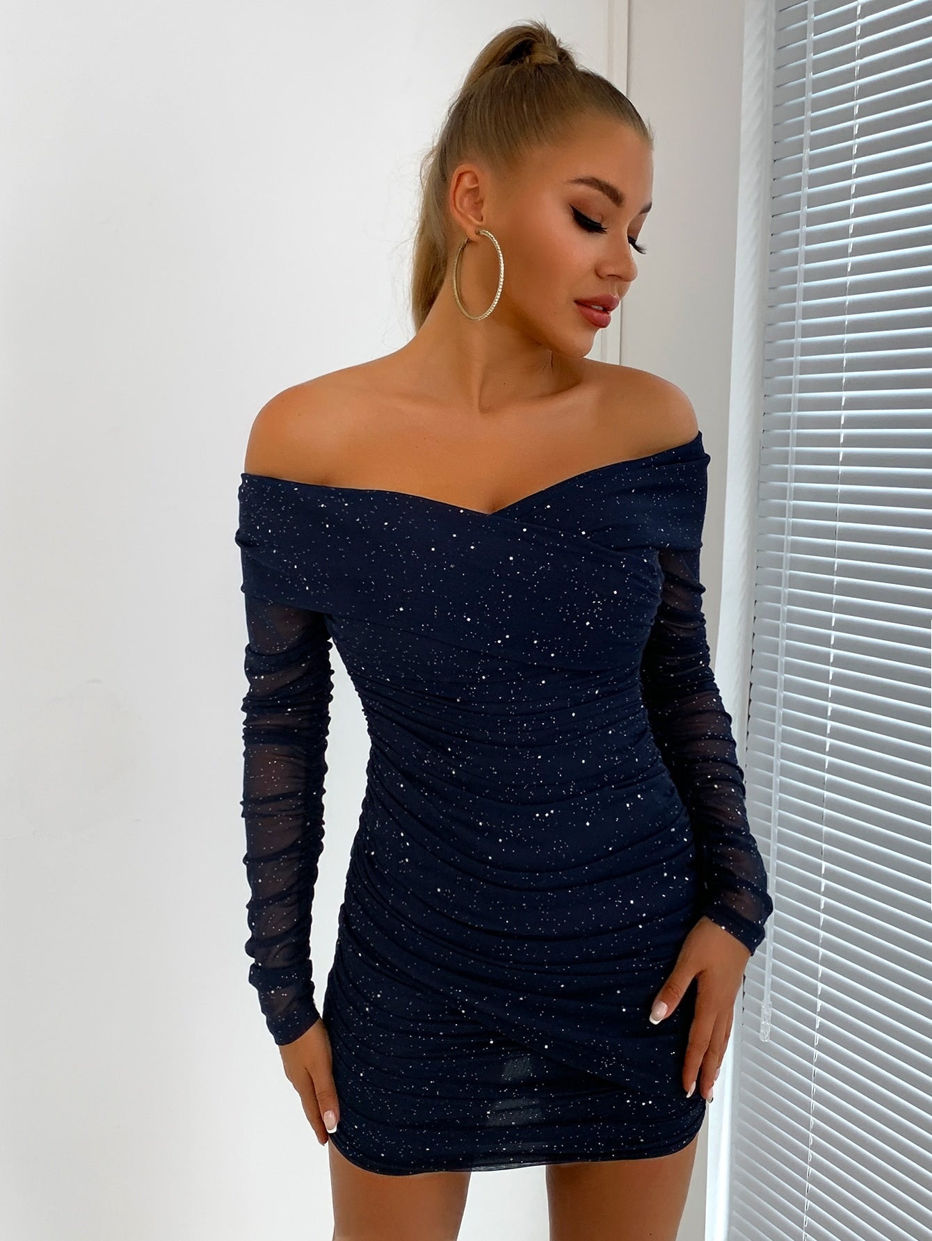 glitter-off-shoulder-ruched-bodycon-dress