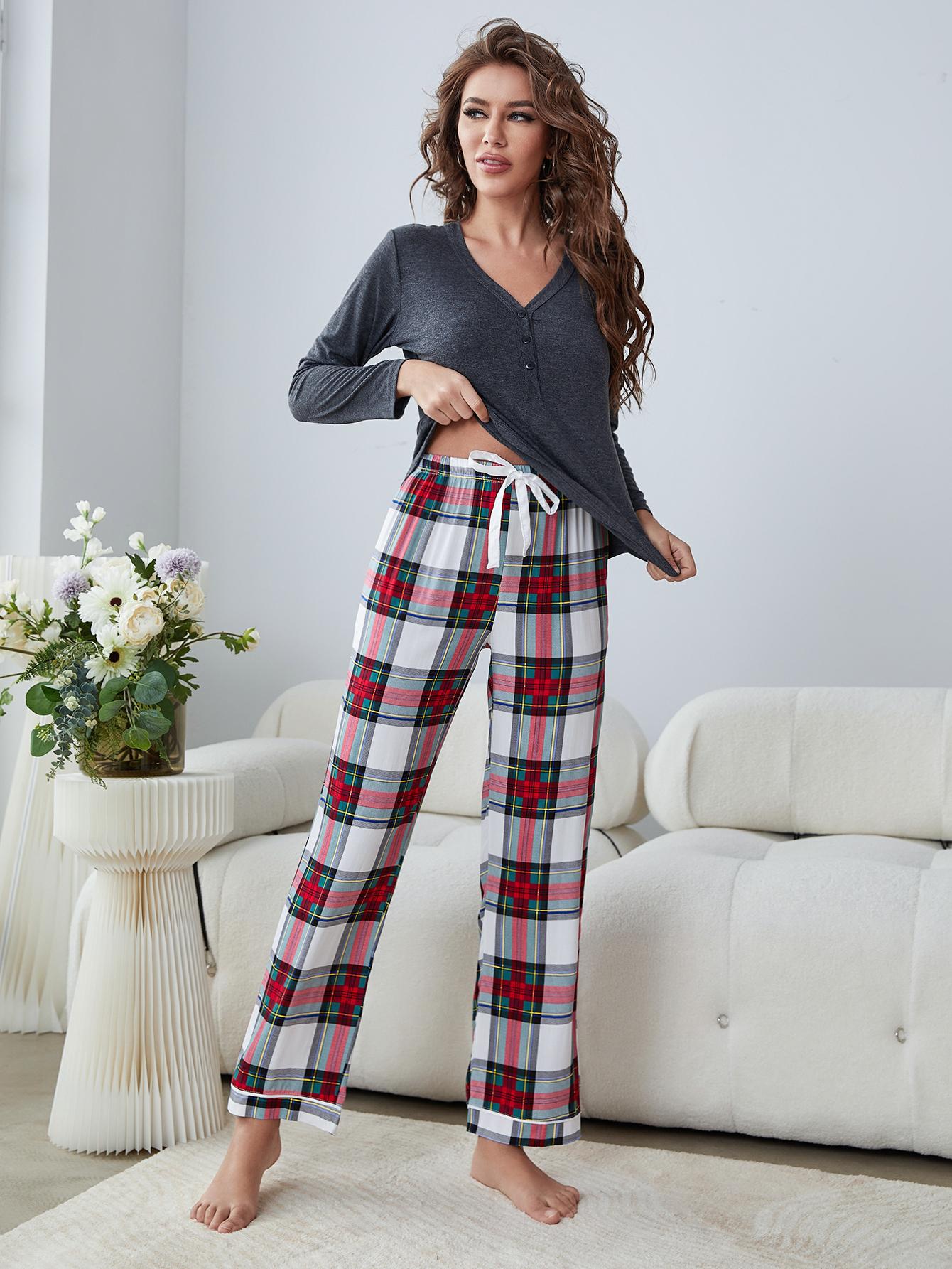 buttoned-long-sleeve-top-and-plaid-pants-lounge-set