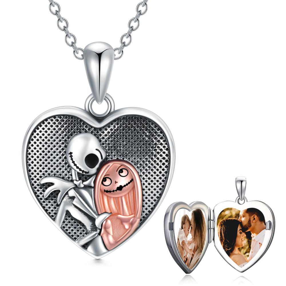 Sterling Silver Halloween Heart Pendant Photo Locket Necklace Gift for Her