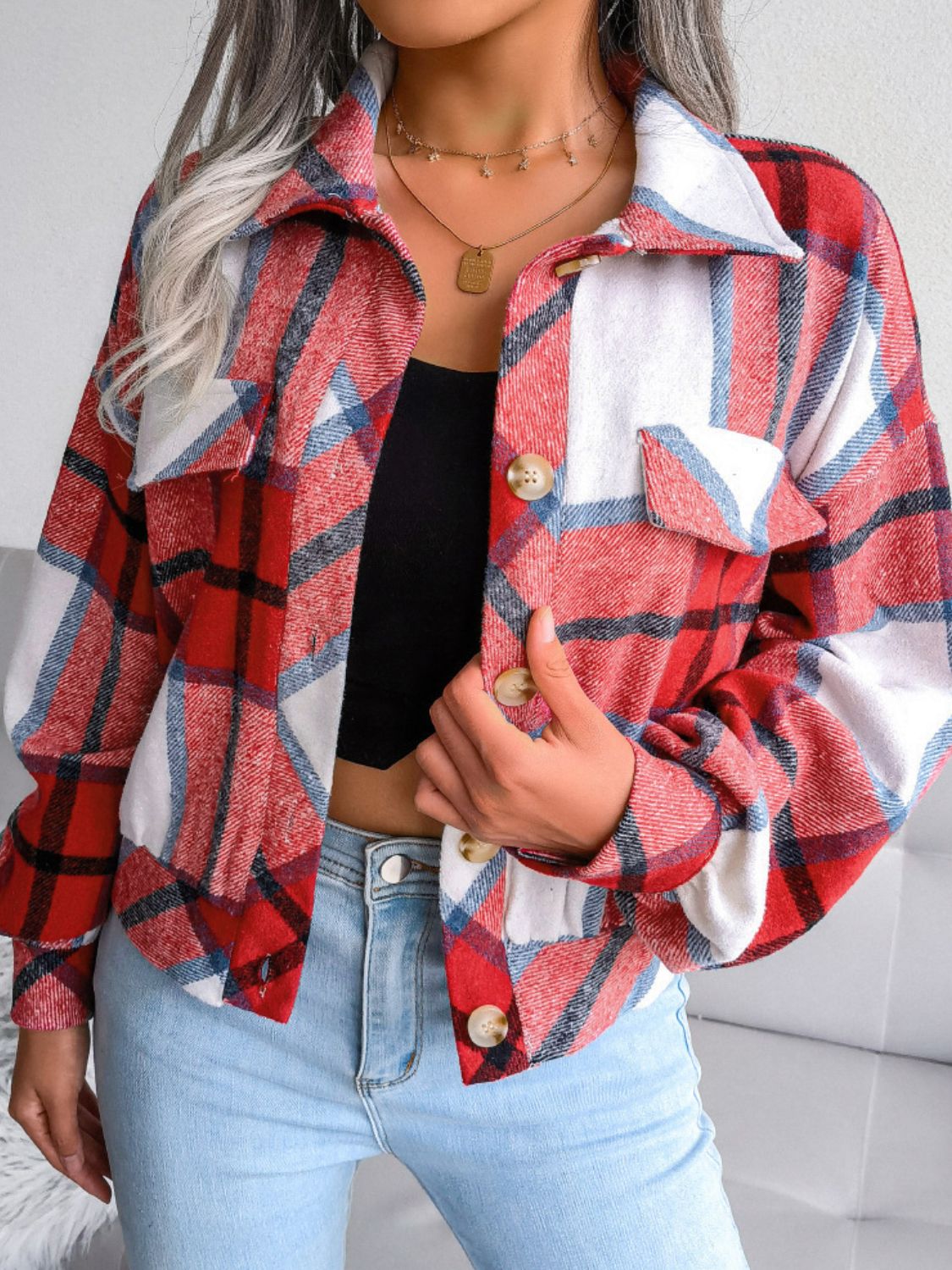 plaid-collared-neck-drop-shoulder-jacket