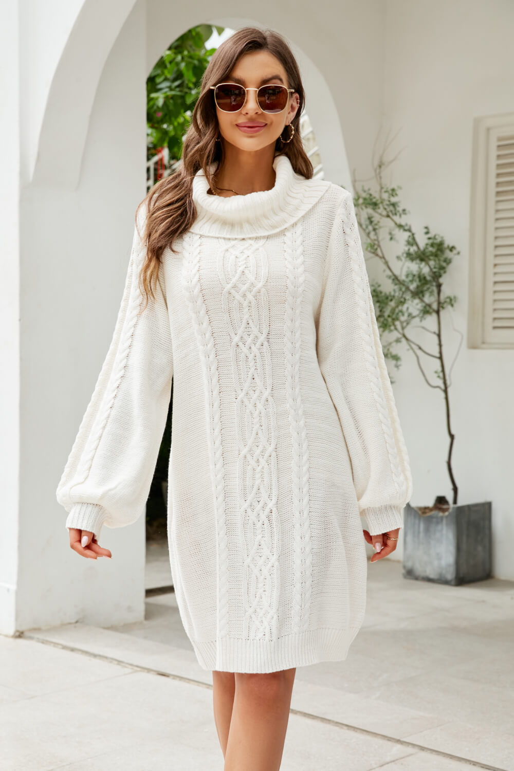 mixed-knit-turtleneck-lantern-sleeve-sweater-dress