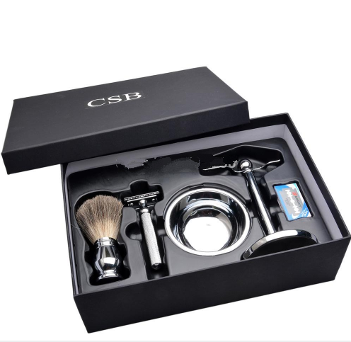 CSB Shaving Set Double Edge Safety Shaving Razor Men Badger Hair Brush Chrome Stand Mug Bowl Soap Ki