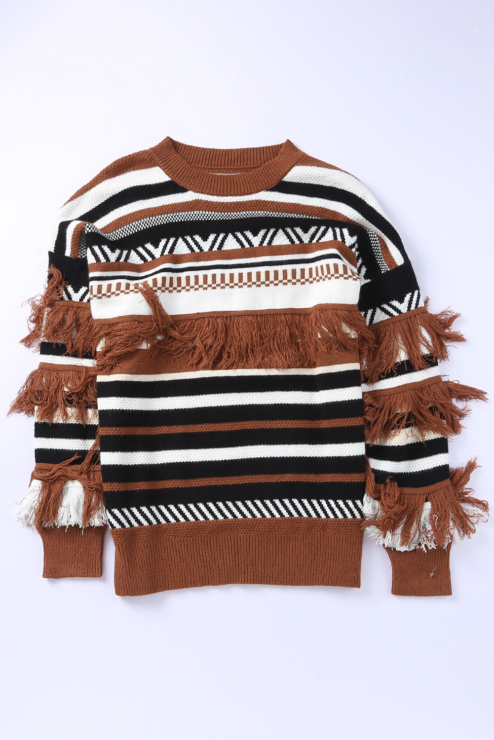 striped-fringe-trim-round-neck-sweater