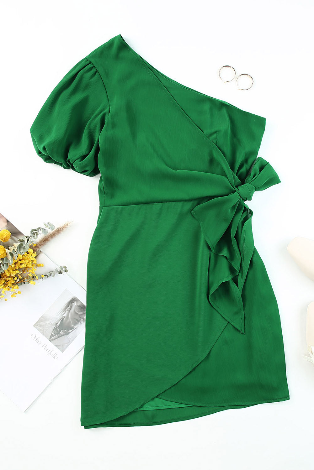 tied-one-shoulder-puff-sleeve-dress