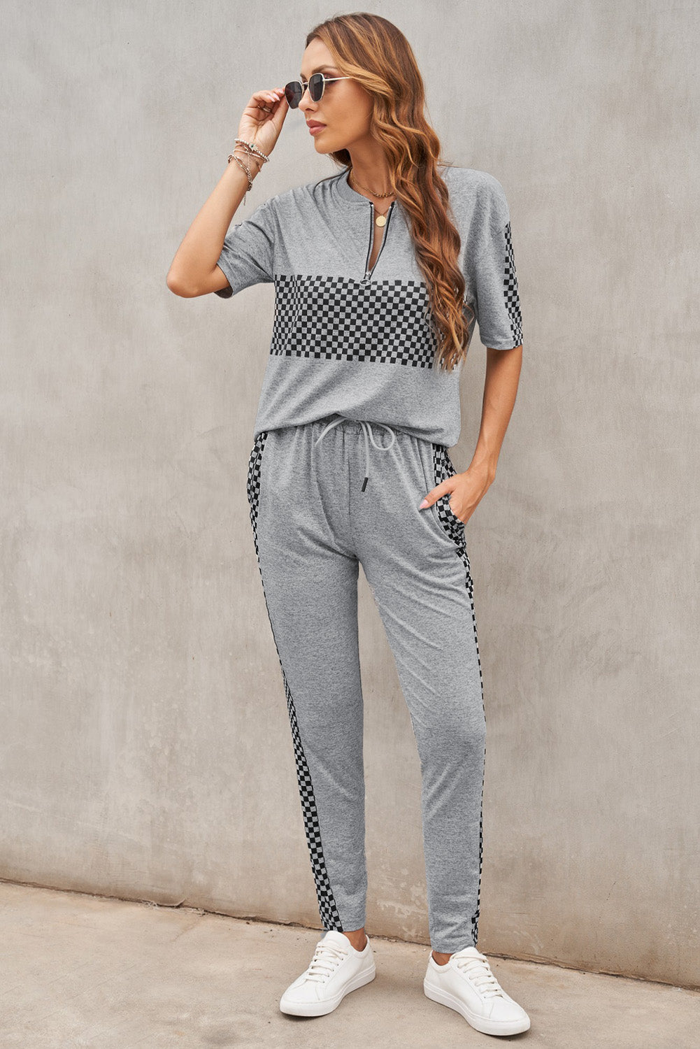 checkered-short-sleeve-top-and-lounge-pants-set