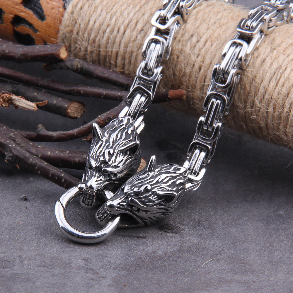 Wolf Head with Square Chain Necklace Thor's hammer Mjolnir V