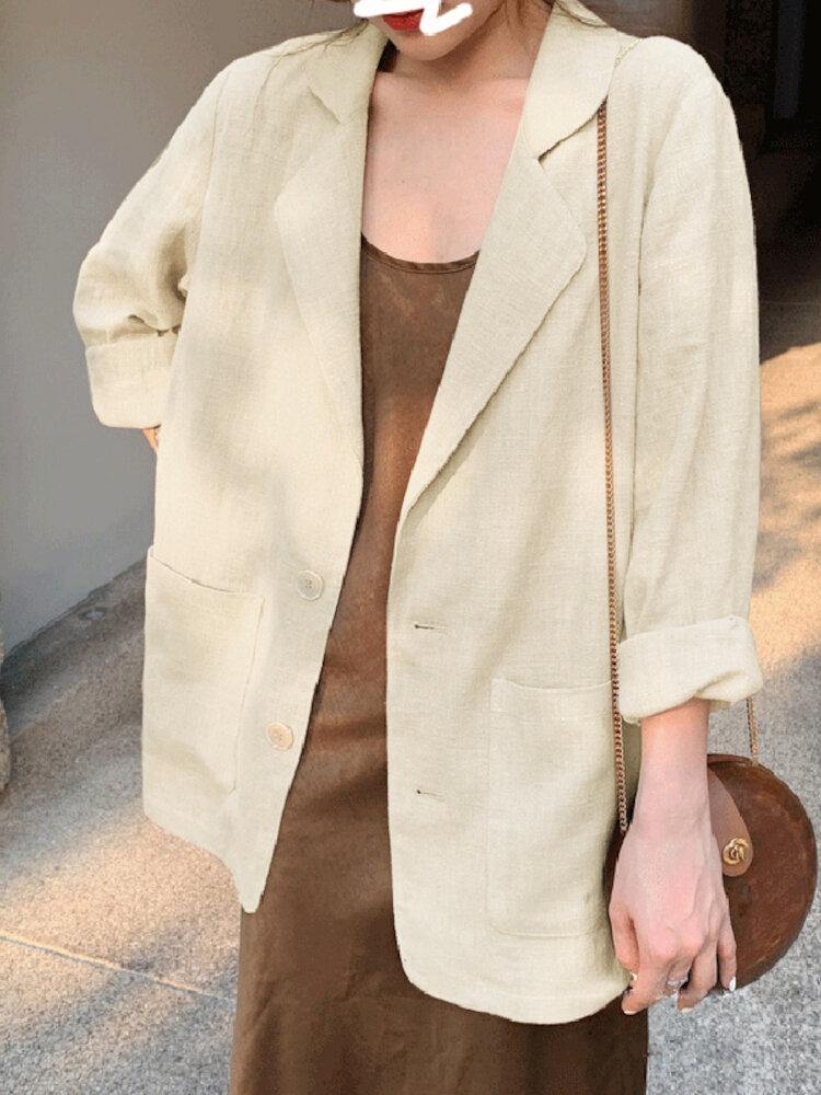 100% Cotton Solid Full Sleeve Lapel Loose Coat With Side Pockets For Women - Trendha