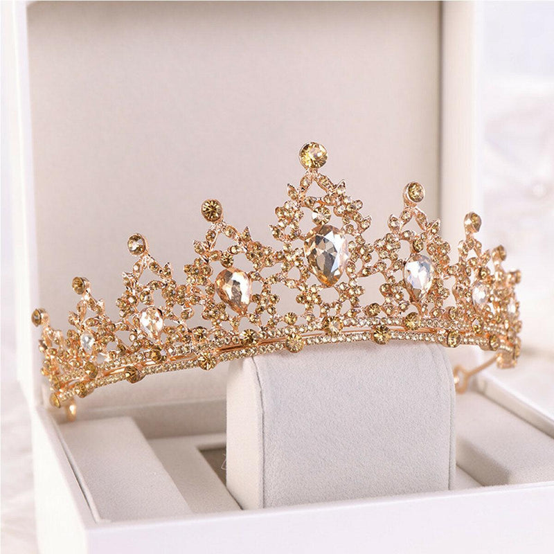 Gold Crystal Tiara Crown Wedding Bridal Headwear Birthday Prom - Trendha
