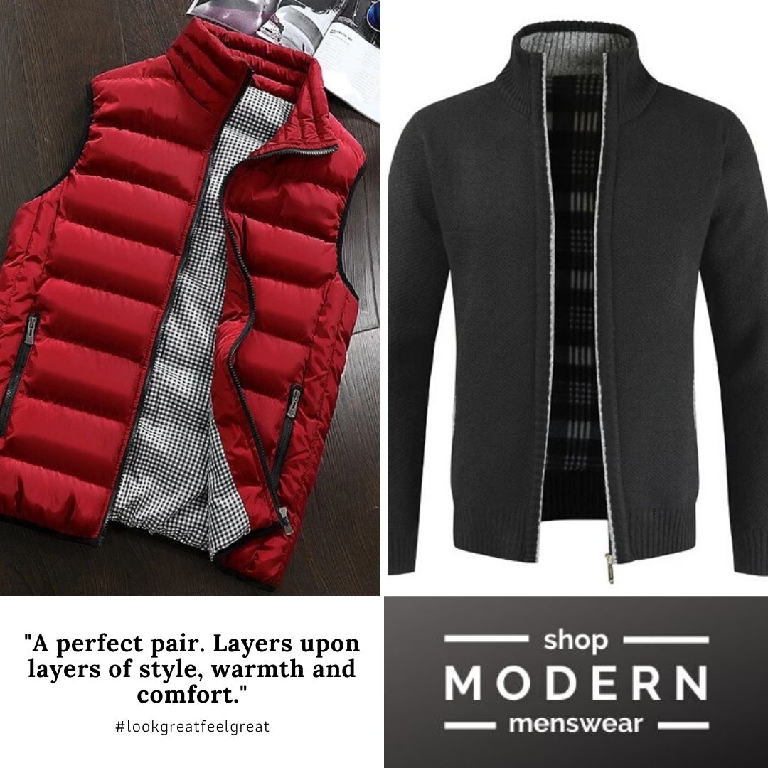 Warm Stylish Menswear Clothing Styles Bright Puffer Vest Paired With Warm Knitted Cardigan Sweater 
