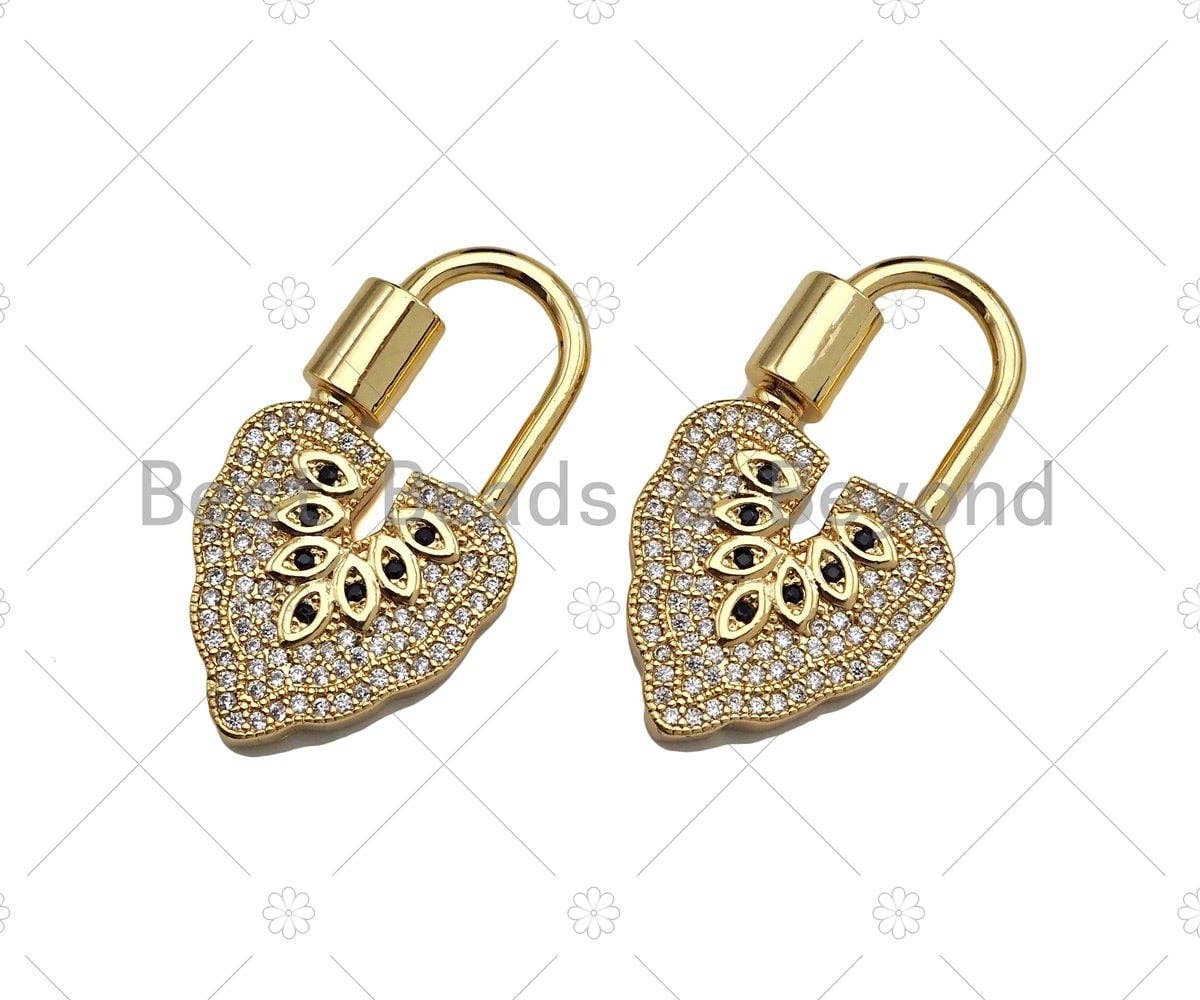 18K Gold Black Clear CZ Micro Pave Leaf Shape Clasp, Fancy Lock Clasp, Heart Shape Clasp,Pave Lock Pendant,17x31mm,sku#K148