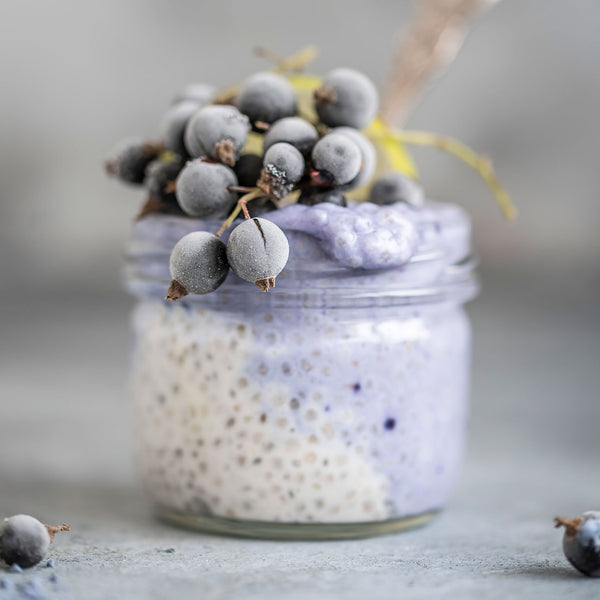 Purple Ancient Choice Butterfly Pea Flower Chia Pudding with berries on top