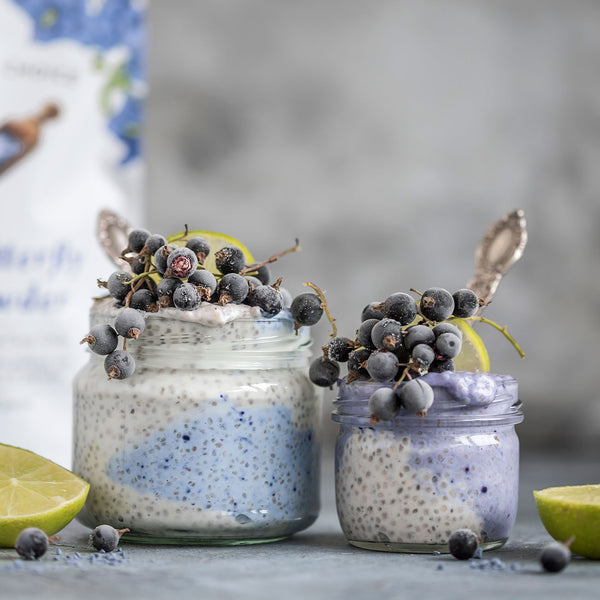 Ancient Choice Butterfly Pea Flower chia puddings with berries and lime
