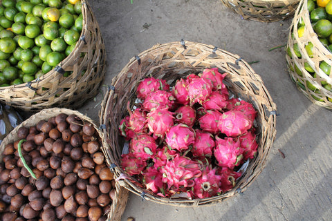 Dragon fruit (pitaya) in a basket in a food market