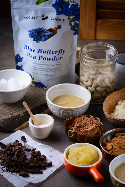 Blue Matcha Mint Brownie ingredients on a table