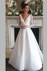 V-neckline Satin Wedding Gowns Bride with Sheer Lace Sleeves