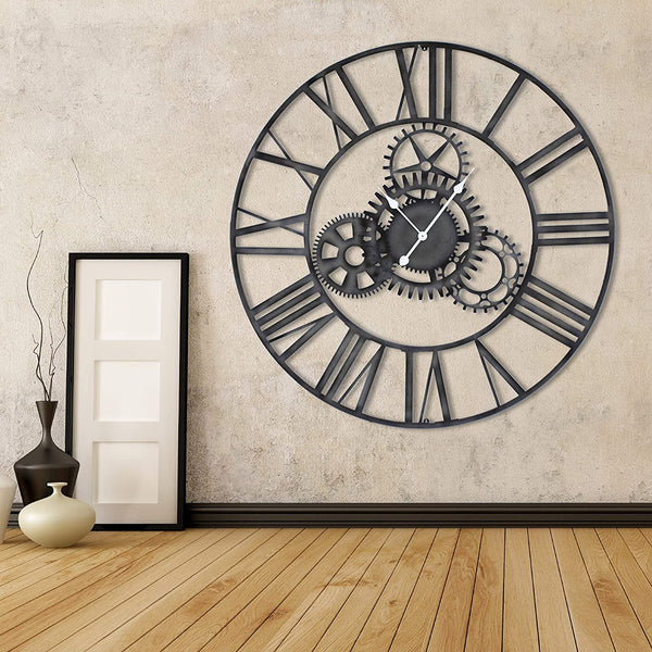 Craftter 60 inch Metal Wall Clock Roman Numericals and Gear Design Antique Grey Finish Extra Extra Large Live Metal Wall Clock
