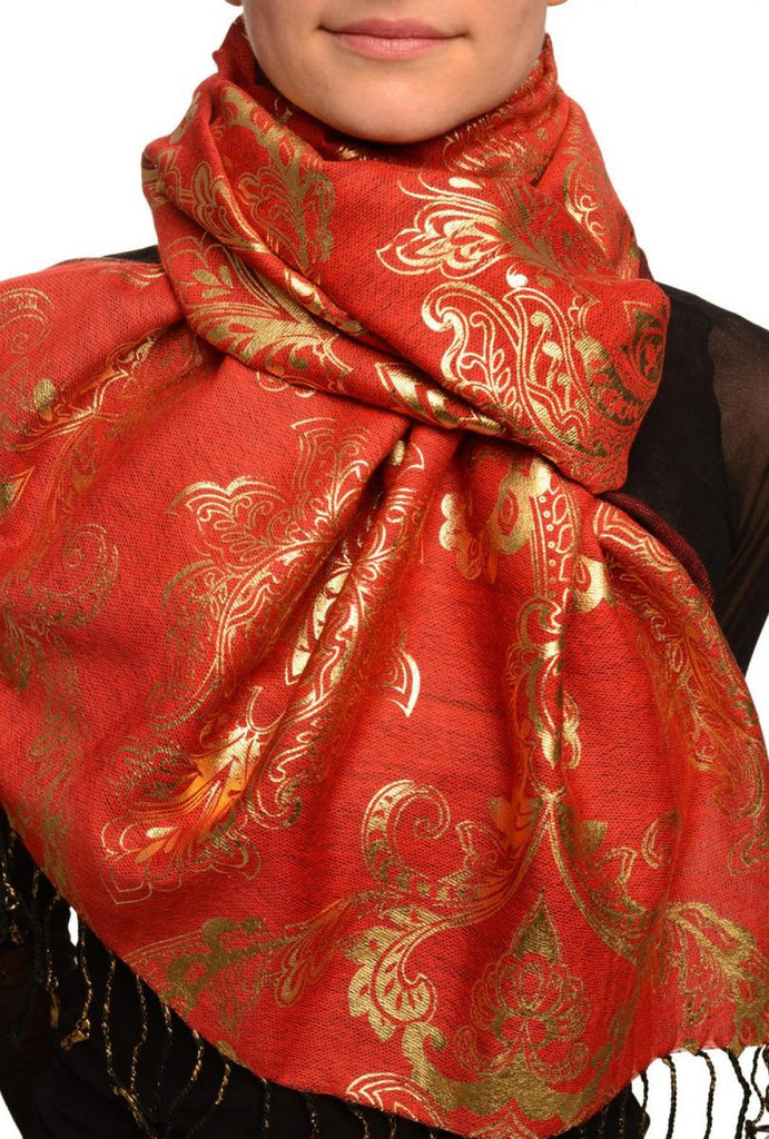 Gold Flower Print On Red Pashmina With Tassels | LissKiss
