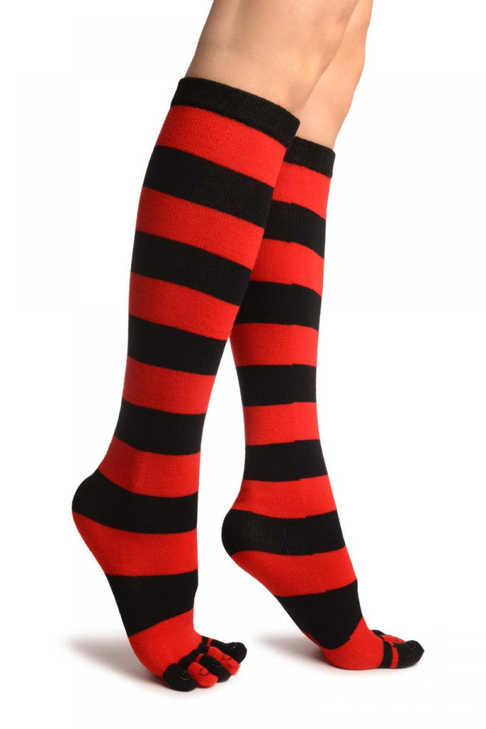 Black & Red Stripes & Printed Smiles Knee High Toe Socks | LissKiss