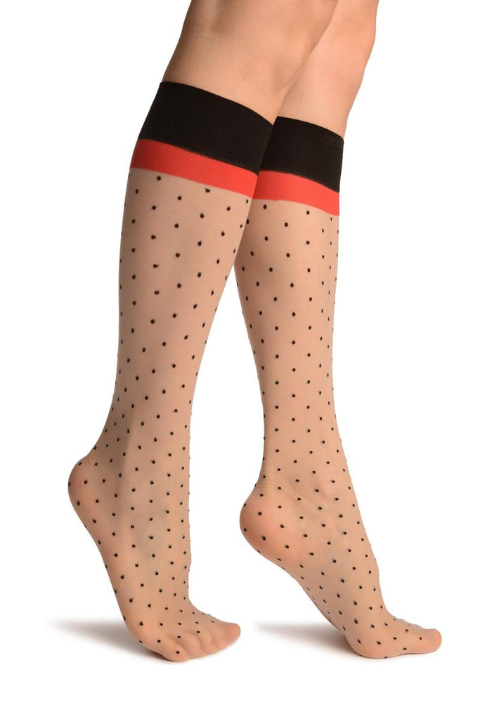 Nude With Black Polka Dots & Red Stripe Top Knee High Socks | LissKiss