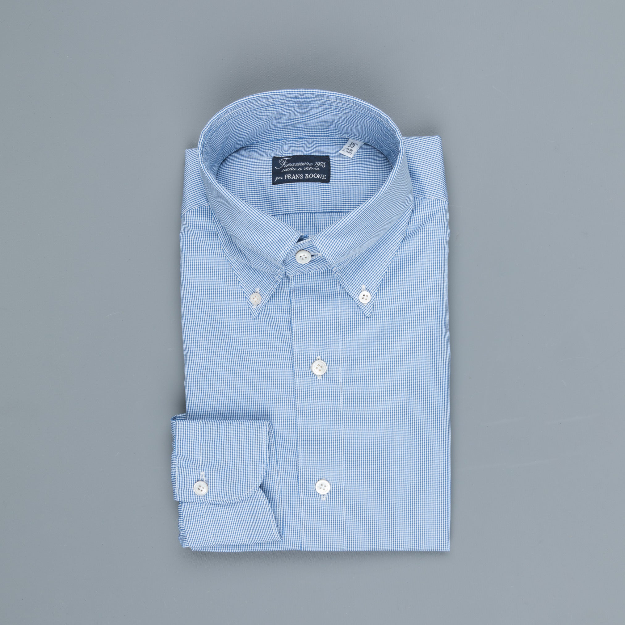 Finamore Gaeta Shirt Lucio Collar Alumo Mid Blue Vichy Poplin