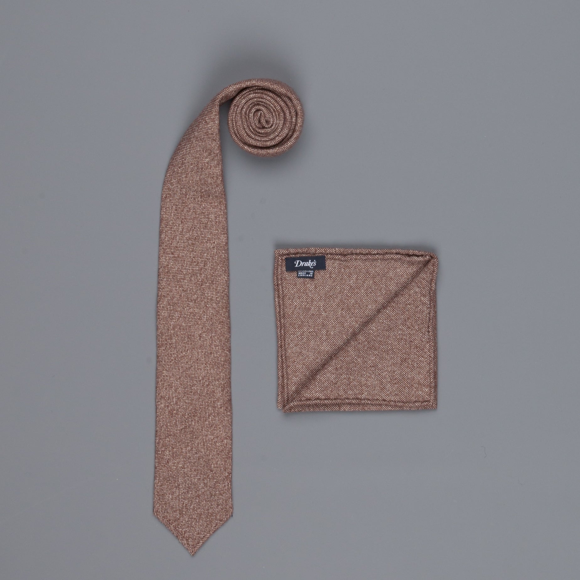 Drake's Cashmere Tie untipped & Pocket Square Match brown melange