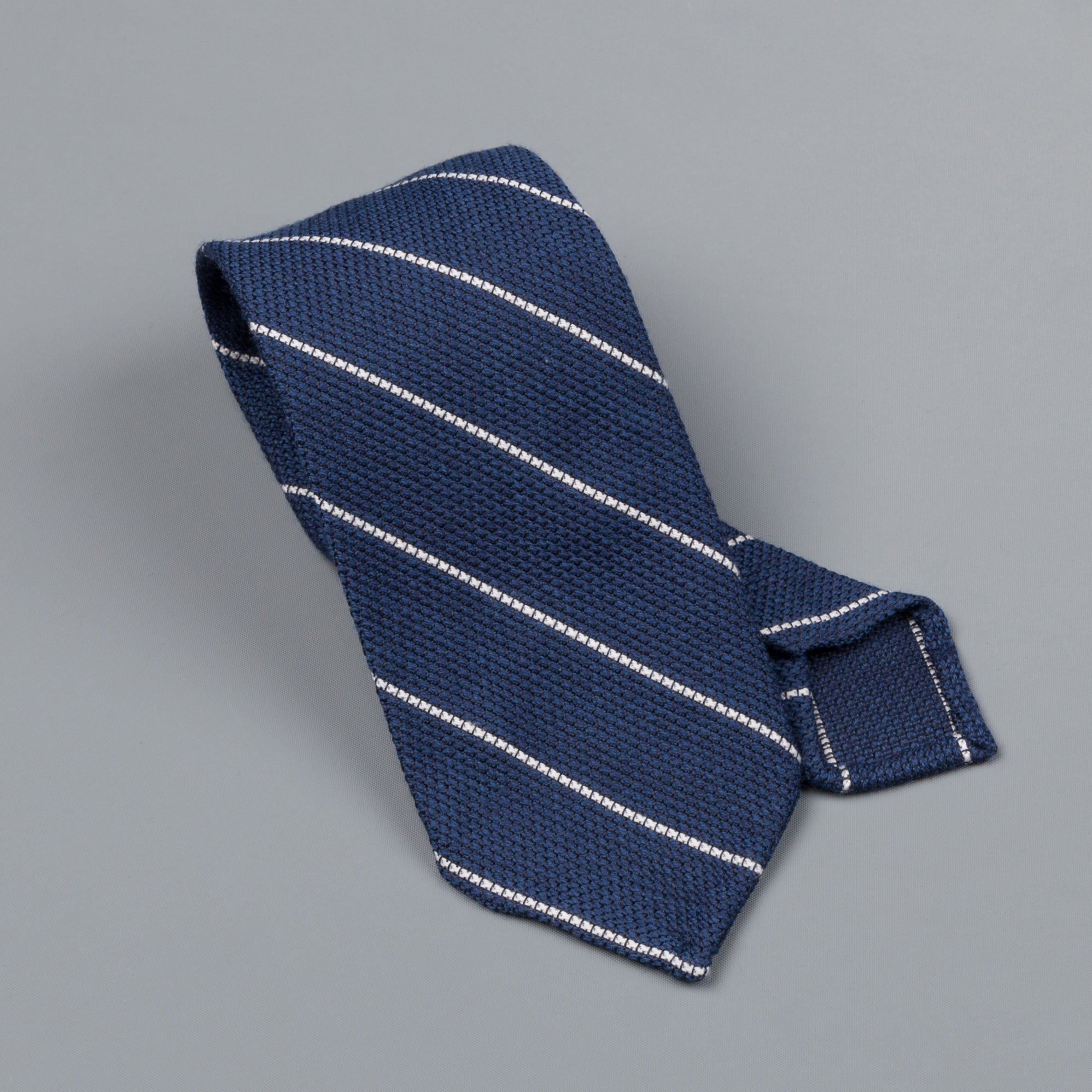 Finamore wool silk tie untipped navy white wide club stripe