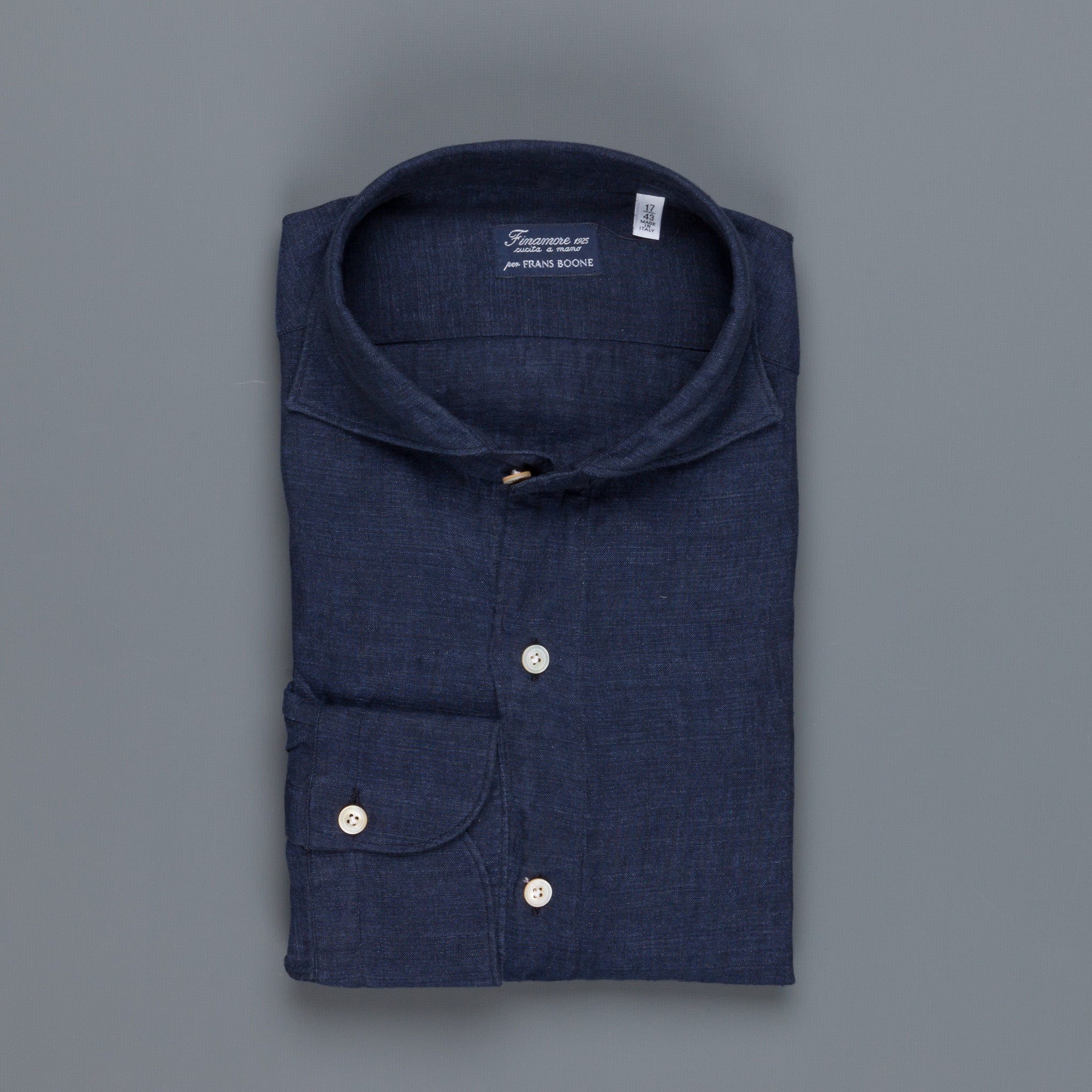 Finamore Gaeta shirt dark blue linen collo Simone