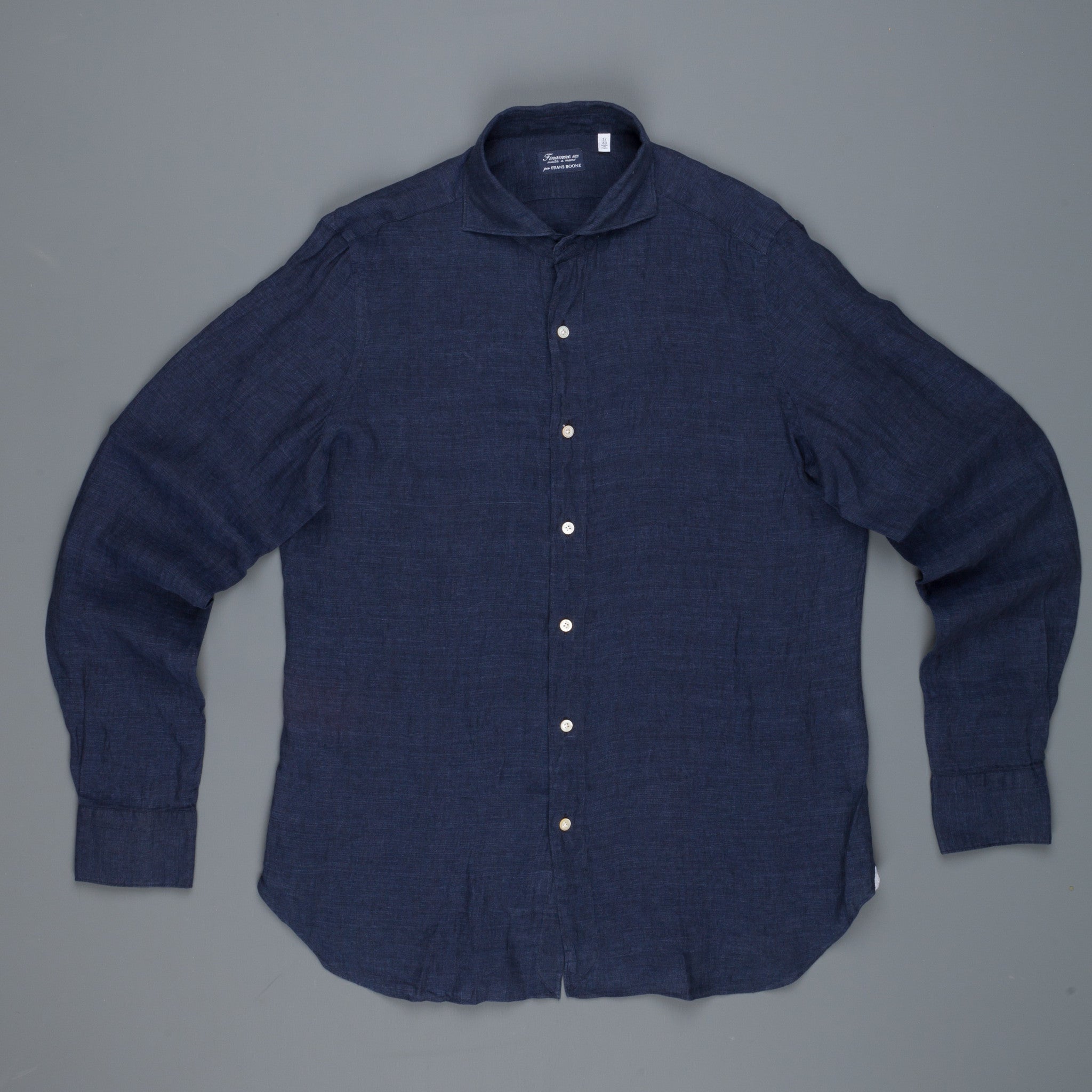 Finamore Gaeta shirt dark blue linen collo Simone