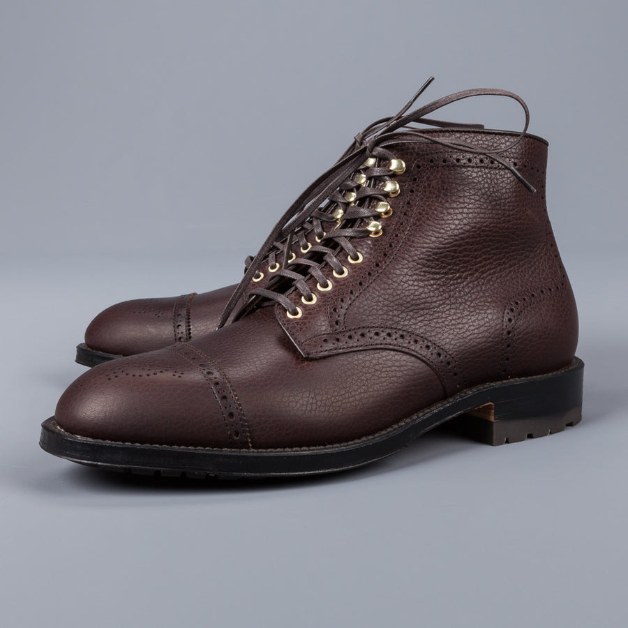 Alden Straight perforated cap toe boot in dark brown grained leather ...