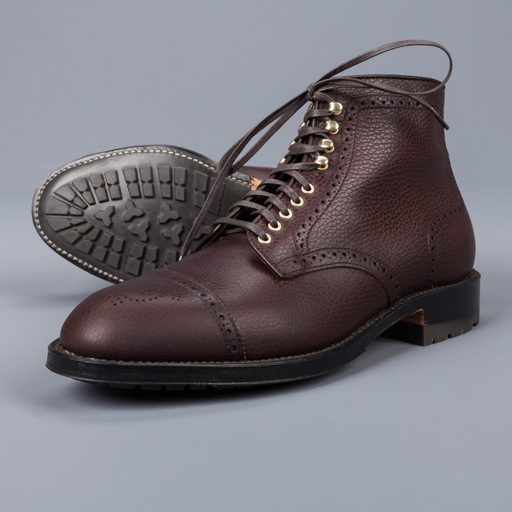 Alden Straight perforated cap toe boot in brown country calf grained leather