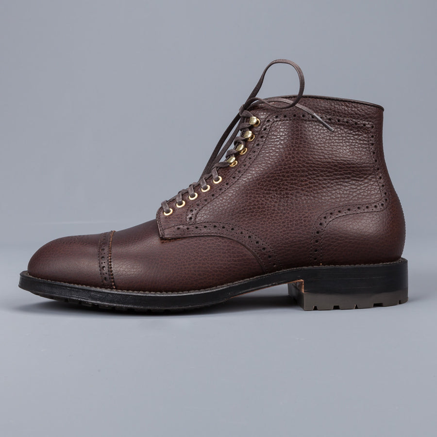 Alden Straight perforated cap toe boot in dark brown grained