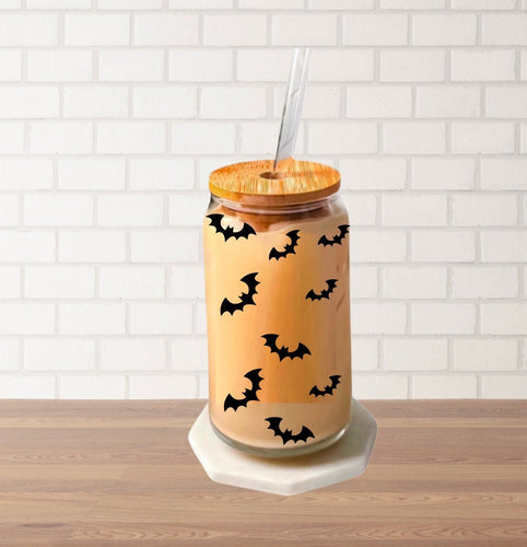 Halloween Glass Tumbler with Wooden Lid and Straw