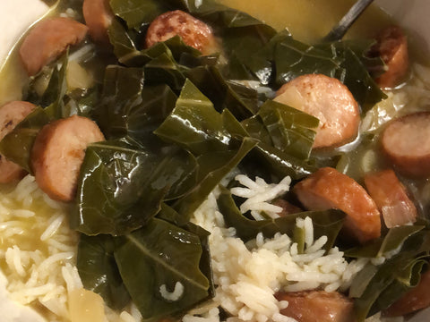 Bowl of hearty collard and kale soup 