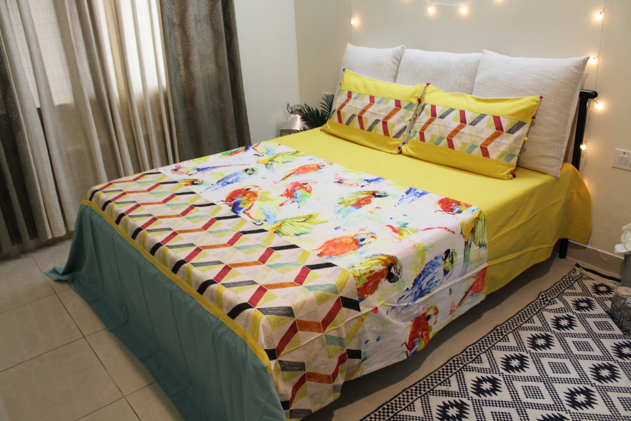 Bright Yellow Bird Print Bed Cover Mirror Decor