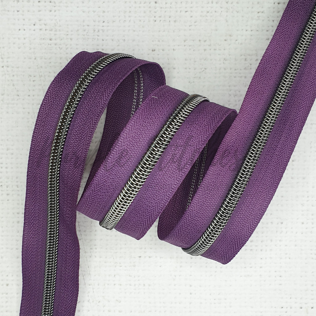 VOC Nylon Coil Zippers by The Yard #5-Long Zippers for Sewing Purple Metallic Teeth Black Tape 5 Yard with 10pcs Rainbow