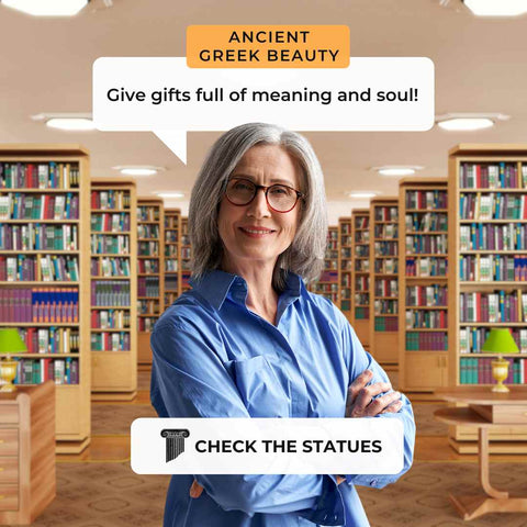 intellectual woman in a library suggest greek statues as gifts