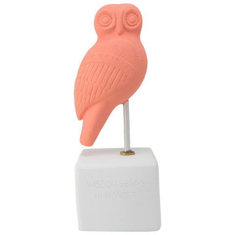 Greek handmade owl figurine, coral color modern statue