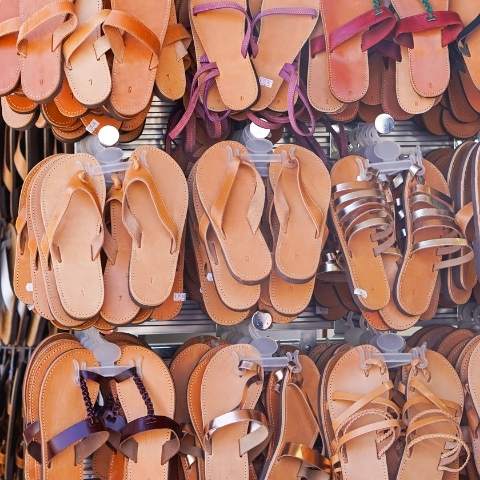 Leather sandals in Greek store