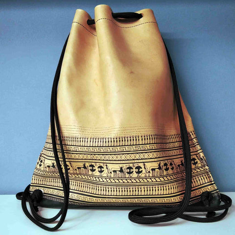 Geometric period leather backpack gift for archaeologist