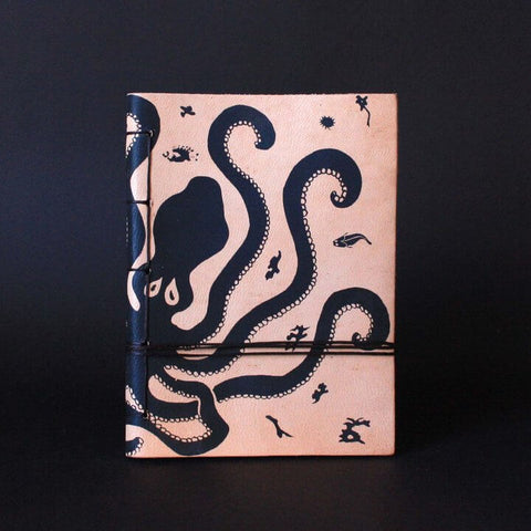 Minoan Octopus solkscreen print in leather journal