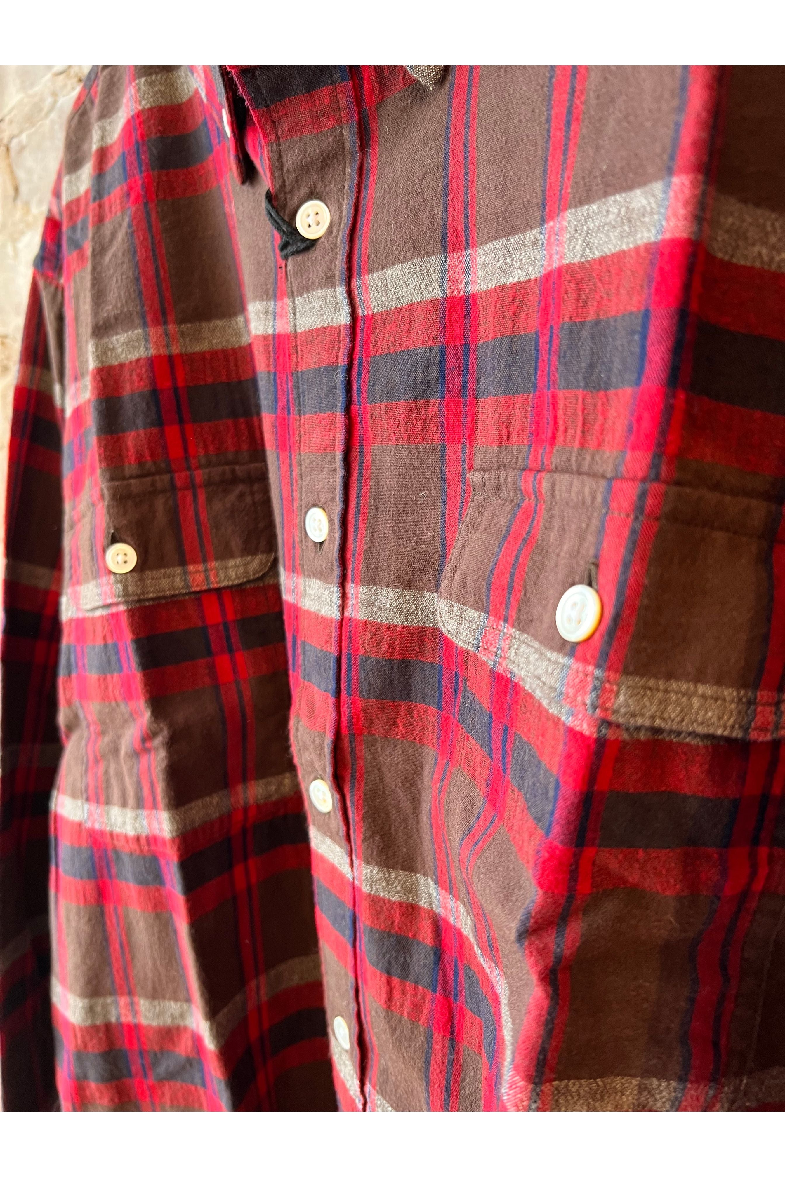 Twin Flap Button Down Shirt - Heavy Weave Madras Red Check