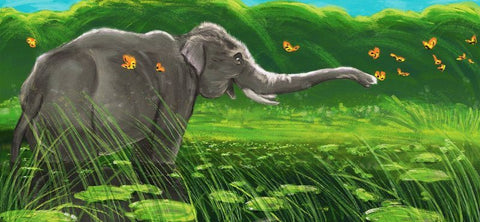 Illustration of an elephant chasing butterflies